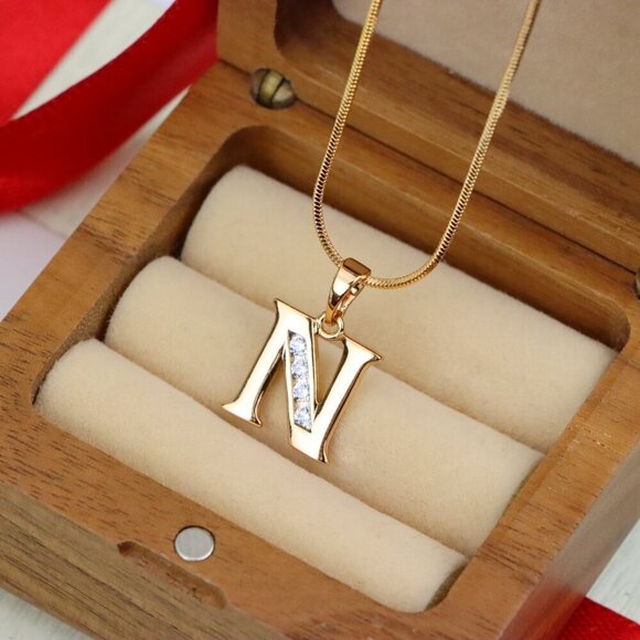 "Rose Gold Letter N Pendant with Crystals – 18K Gold Plated Charm, XPPT1363 - Picture 10 of 13